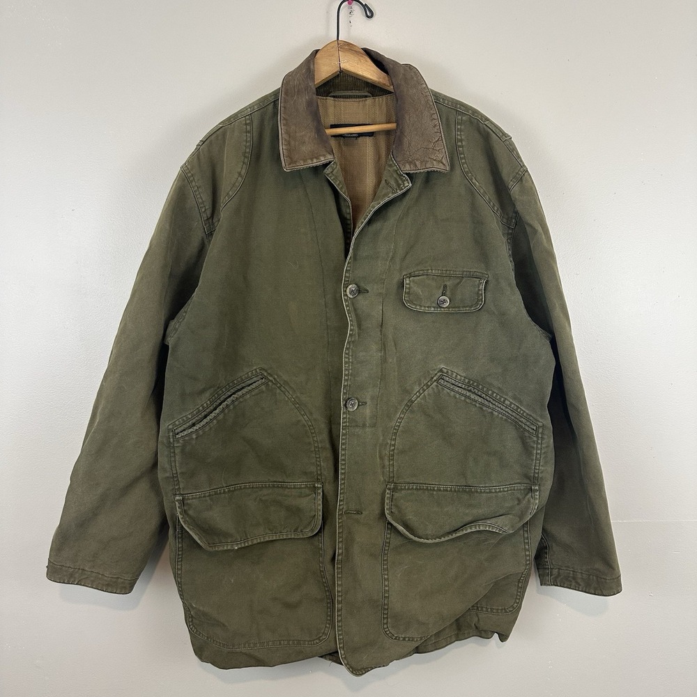 Banana Republic‎ VTG Army Green Leather Collar Distressed Jacket Mens M Read